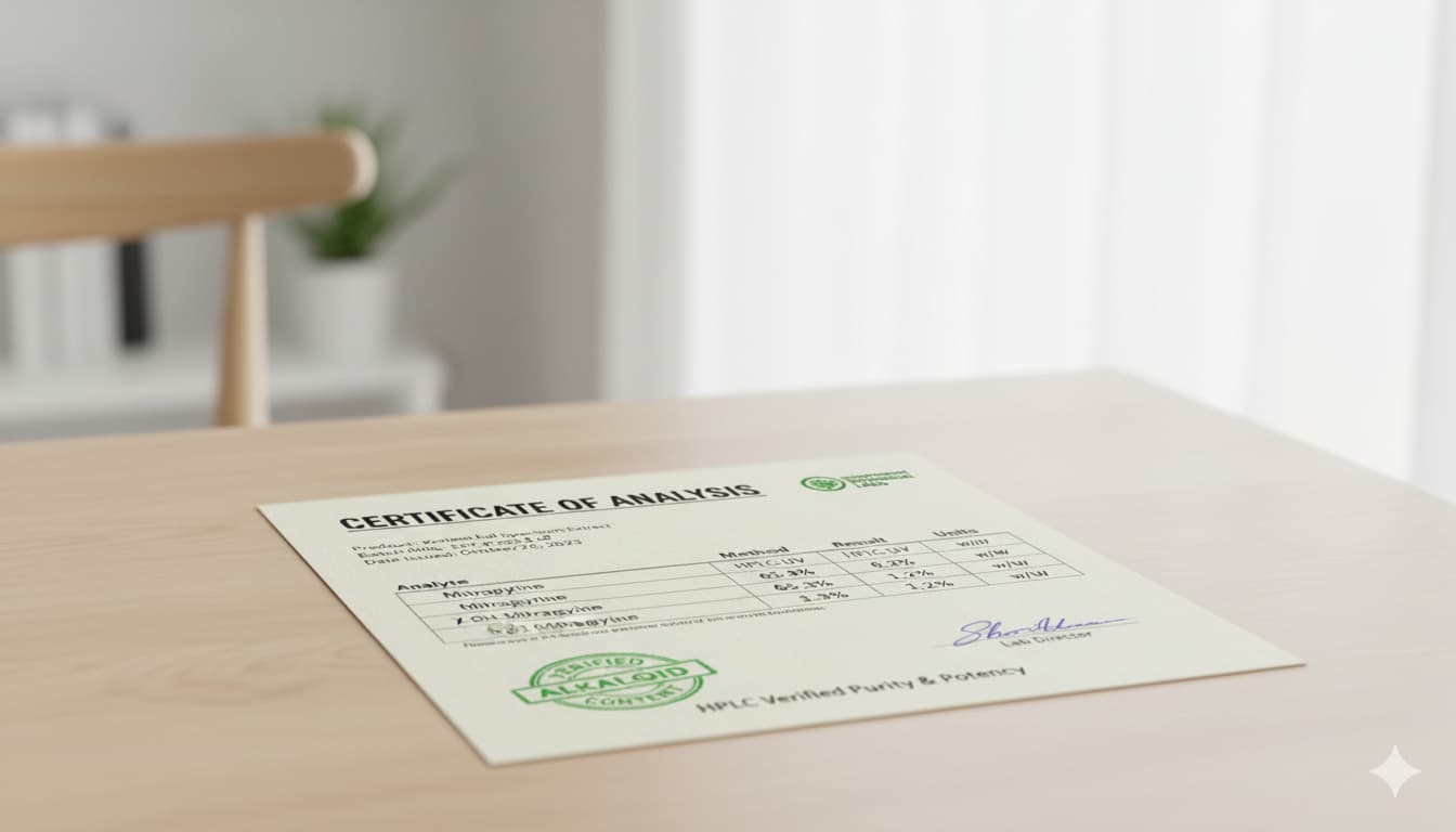 Third party lab testing certificate for kratom extract showing alkaloid content verification of pressed kratom tablets